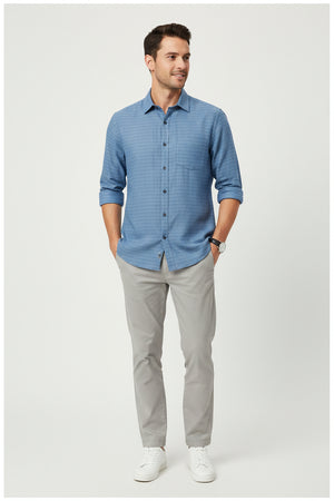 Blue Arvind 70-Lea linen shirting fabric with subtle stripe pattern, ideal for stylish shirts and tailored garments.