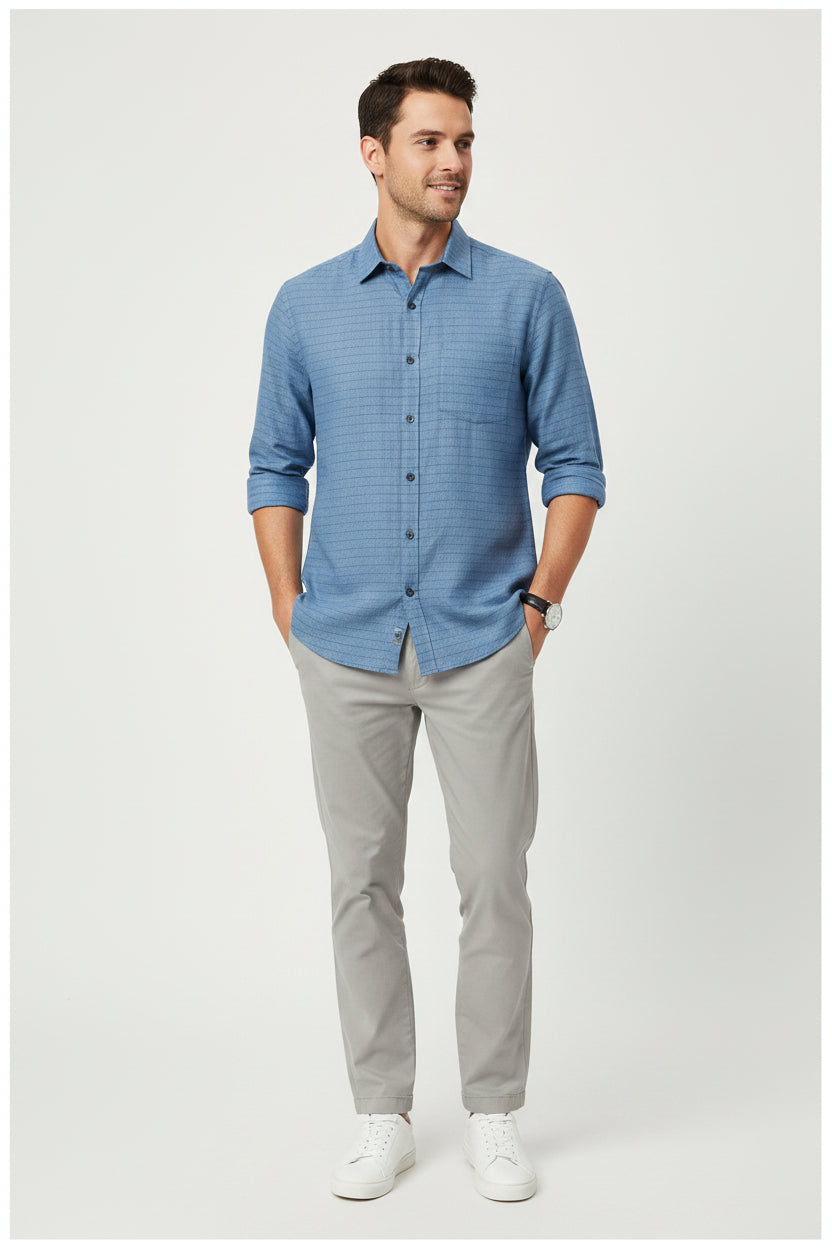 Blue Arvind 70-Lea linen shirting fabric with subtle stripe pattern, ideal for stylish shirts and tailored garments.