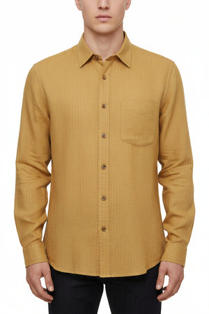 Orange Arvind Tresca linen striped shirting fabric with a lightweight, crisp texture and classic striped pattern.