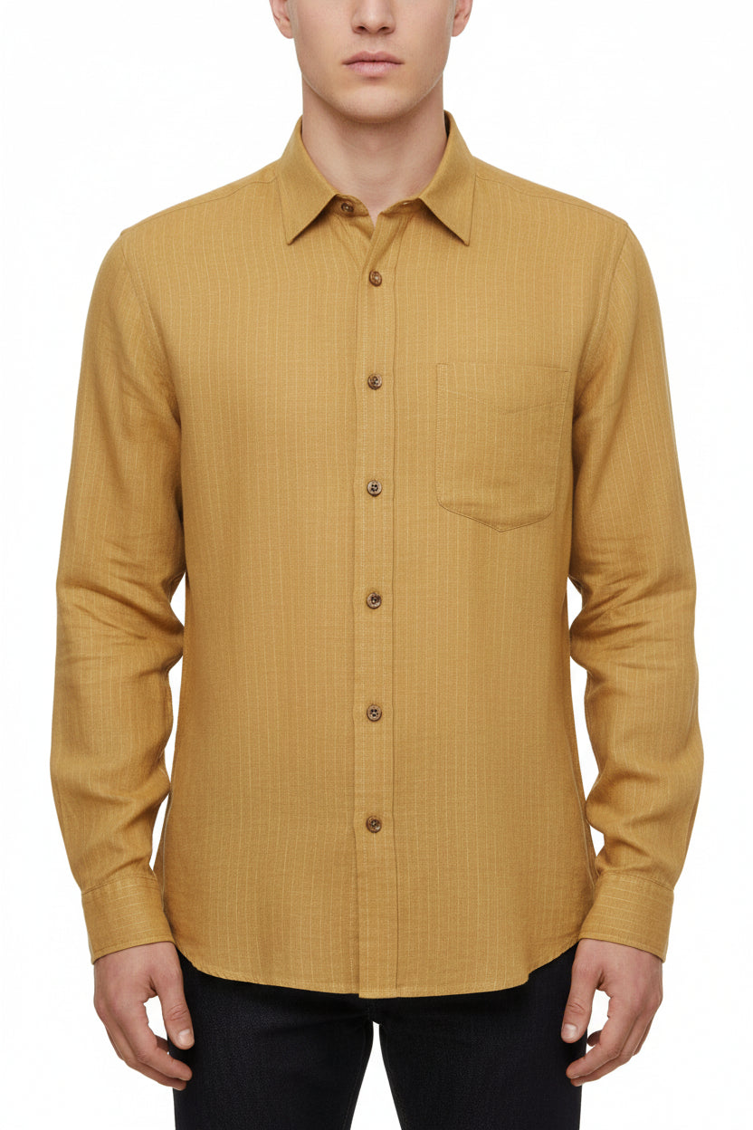 Orange Arvind Tresca linen striped shirting fabric with a lightweight, crisp texture and classic striped pattern.