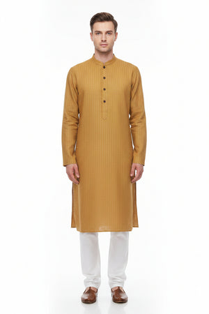 Orange Arvind Tresca linen striped shirting fabric with a textured linen surface and white and orange stripes.