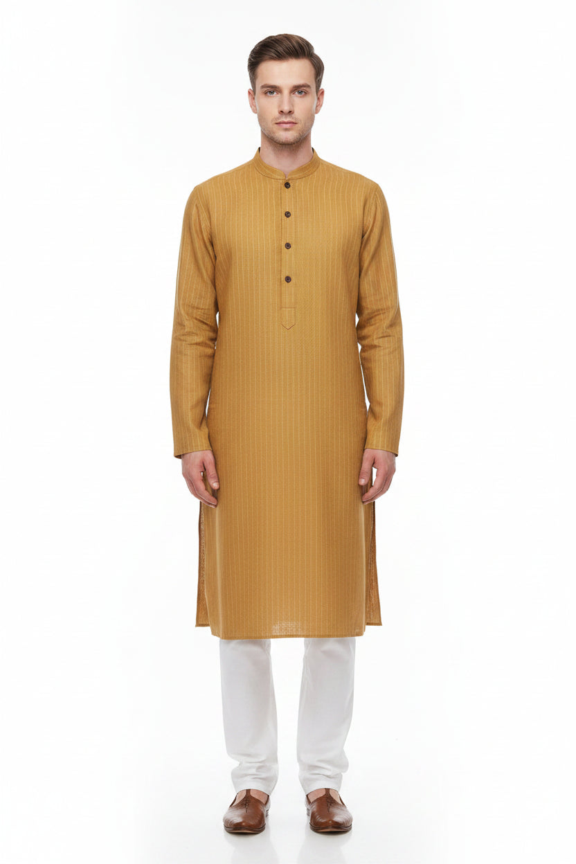Orange Arvind Tresca linen striped shirting fabric with a textured linen surface and white and orange stripes.