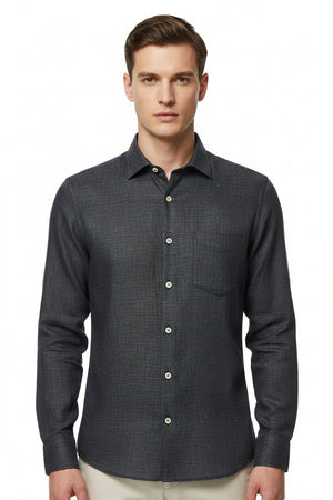 Grey Arvind 70-Lea linen plain unstitched shirting fabric, ideal for custom shirts, shown in a fabric roll with visible texture.