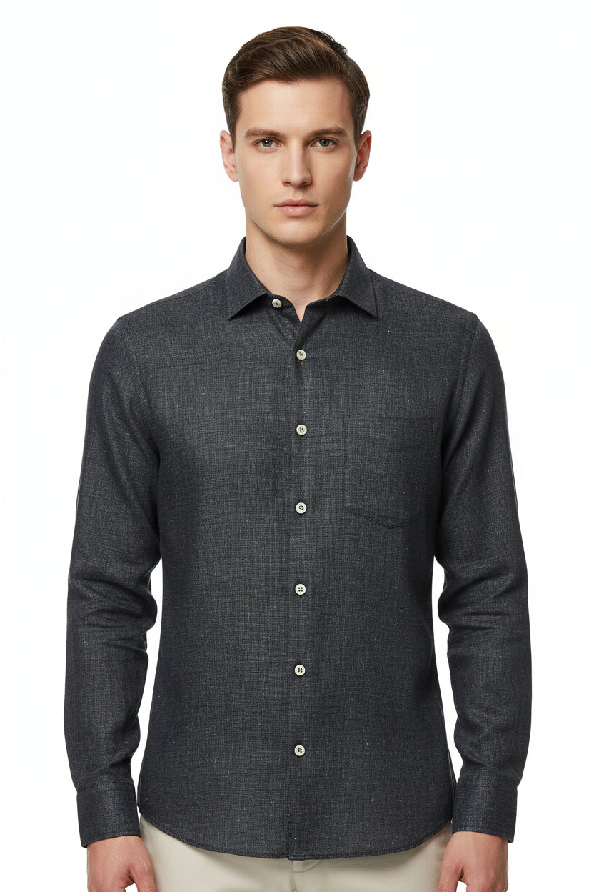 Grey Arvind 70-Lea linen plain unstitched shirting fabric, ideal for custom shirts, shown in a fabric roll with visible texture.