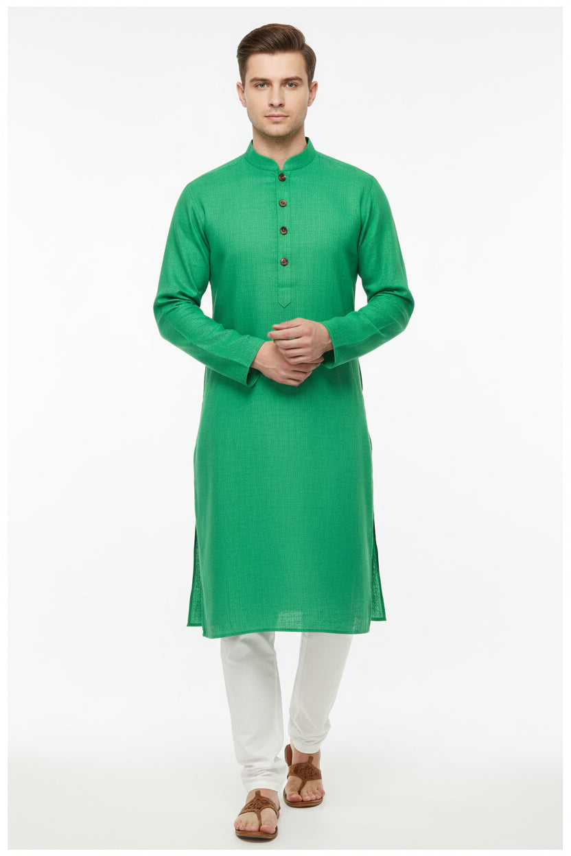 Green Arvind pure linen shirt fabric with a smooth, lightweight texture, showcasing a natural woven pattern.