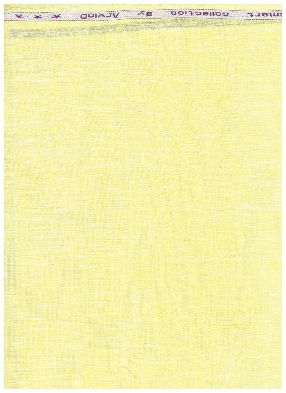 Yellow Arvind pure linen shirt fabric displayed in a close-up, showcasing the textured unstitched material for custom sewing.