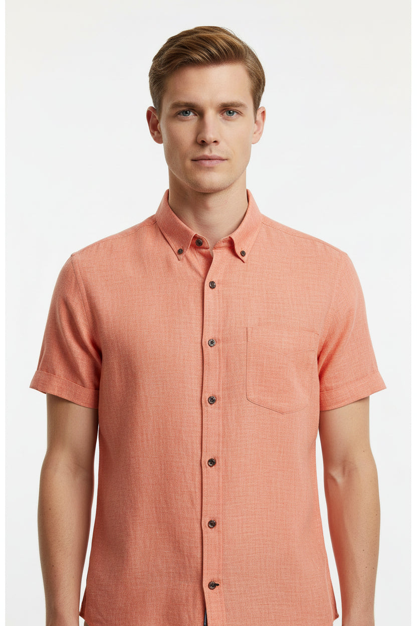 Unstitched Arvind Pure Linen Shirt Fabric in Carrot Orange, showcasing soft, breathable linen material for custom clothing.