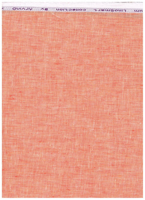 Arvind pure linen shirt fabric in carrot orange, unstitched, with a smooth, lightweight texture ideal for custom tailoring.