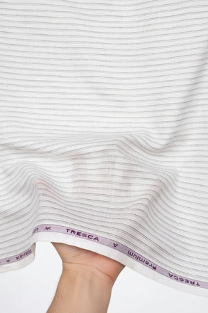 Light grey Arvind Tresca linen striped shirting fabric showing soft linen texture and classic striped pattern.