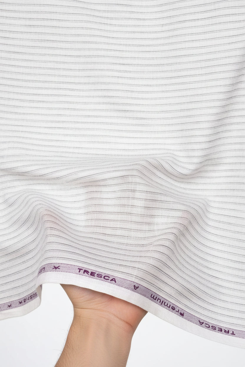 Light grey Arvind Tresca linen striped shirting fabric showing soft linen texture and classic striped pattern.