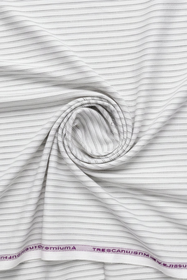 Light grey striped Arvind Tresca linen shirt fabric with a smooth texture and detailed weave, ideal for stylish clothing.