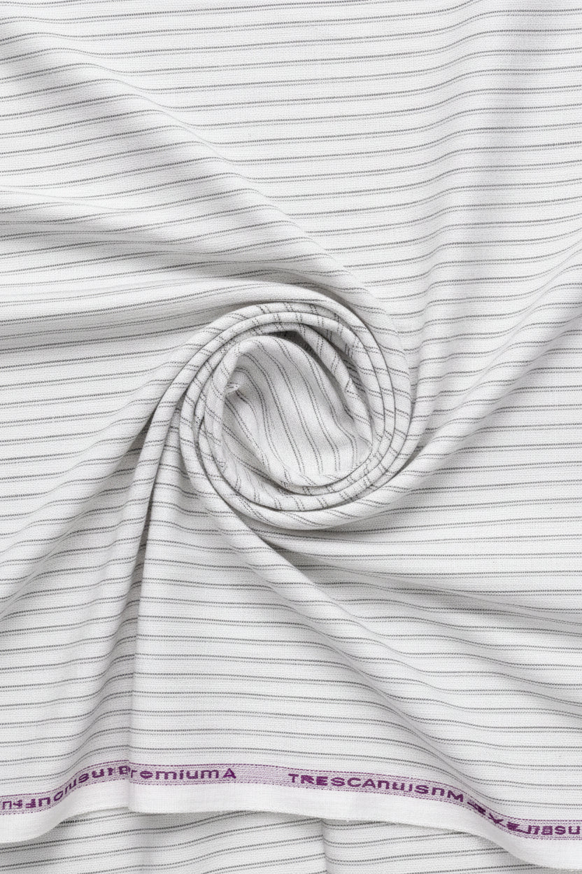 Light grey striped linen shirting fabric by ARVIND, showing the textured Arvind Tresca linen material with subtle stripe pattern.