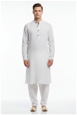 Light grey Arvind Tresca linen striped shirting fabric with a textured linen weave and subtle stripe pattern.