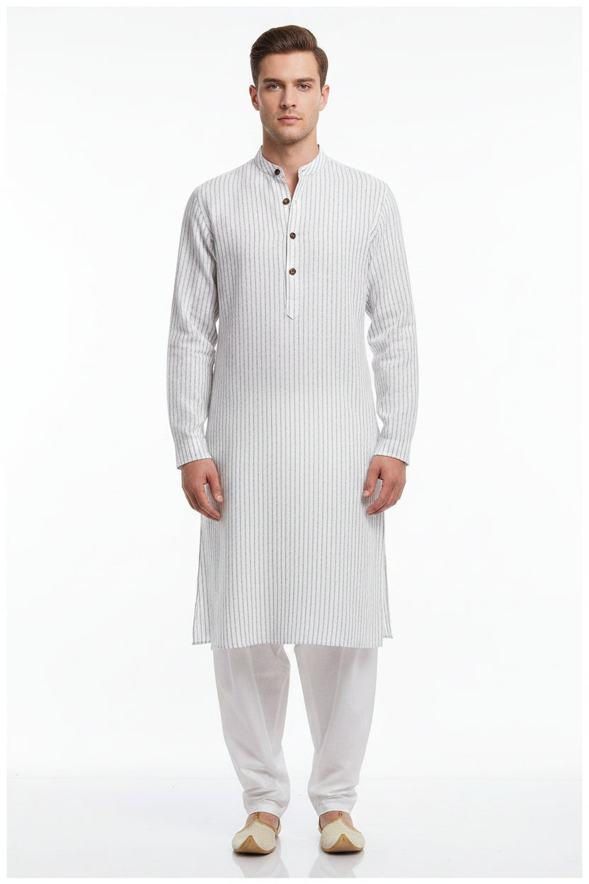 Light grey Arvind Tresca linen striped shirting fabric with a textured linen weave and subtle stripe pattern.