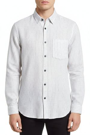 Light grey Arvind Tresca linen striped shirting fabric with a smooth texture and subtle striped pattern, ideal for stylish shirts.