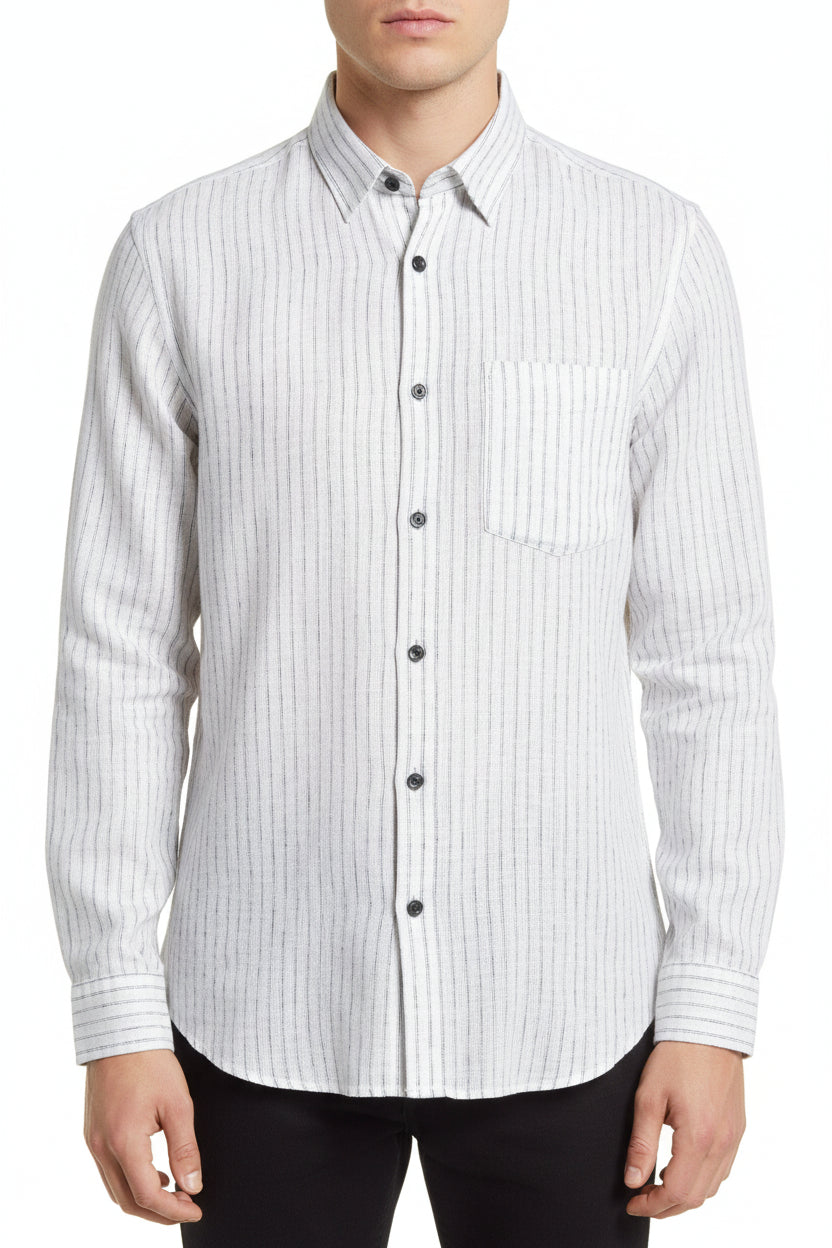 Light grey Arvind Tresca linen striped shirting fabric with a smooth texture and subtle striped pattern, ideal for stylish shirts.