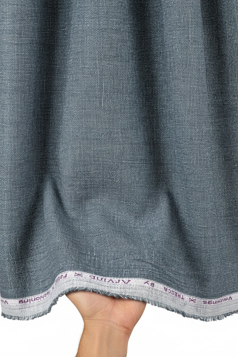 Grey Arvind linen suit fabric with a smooth, woven texture, ideal for tailoring unstitched trousers and suits.