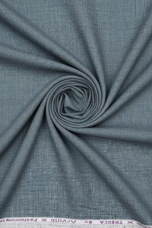 Grey linen trouser and suiting fabric by Arvind, unstitched material for custom-made clothing, detailed textile pattern visible.