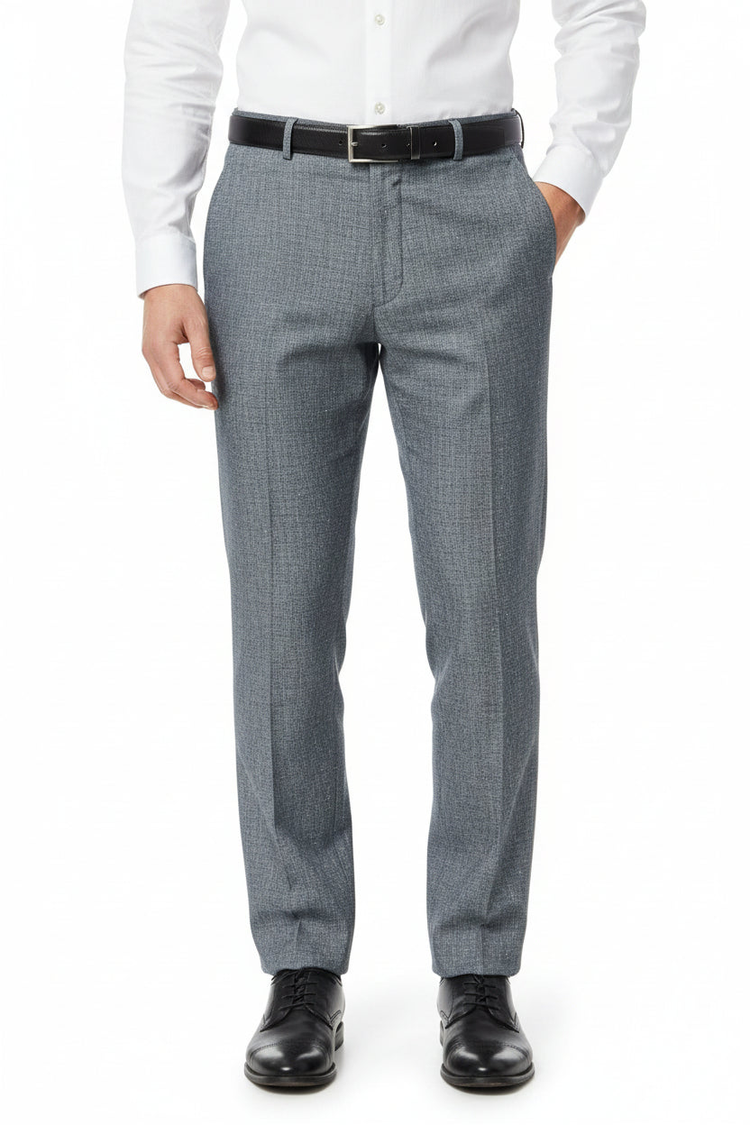 Grey linen suiting fabric from ARVIND, unstitched trousers and suit material, shown in close-up detail.