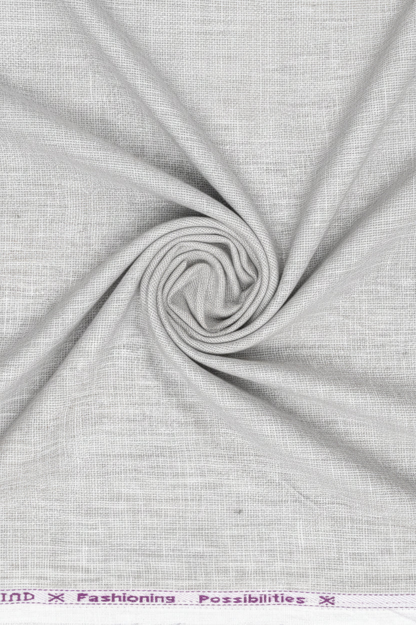 Silver linen suit fabric by ARVIND, featuring unstitched trousers and matching suiting material for custom tailoring.