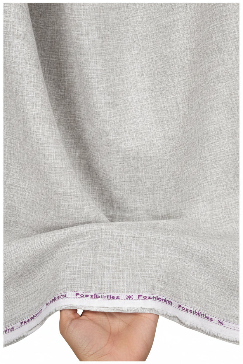 Silver linen suiting fabric by ARVIND, unstitched trousers and suit material with a smooth, elegant texture.