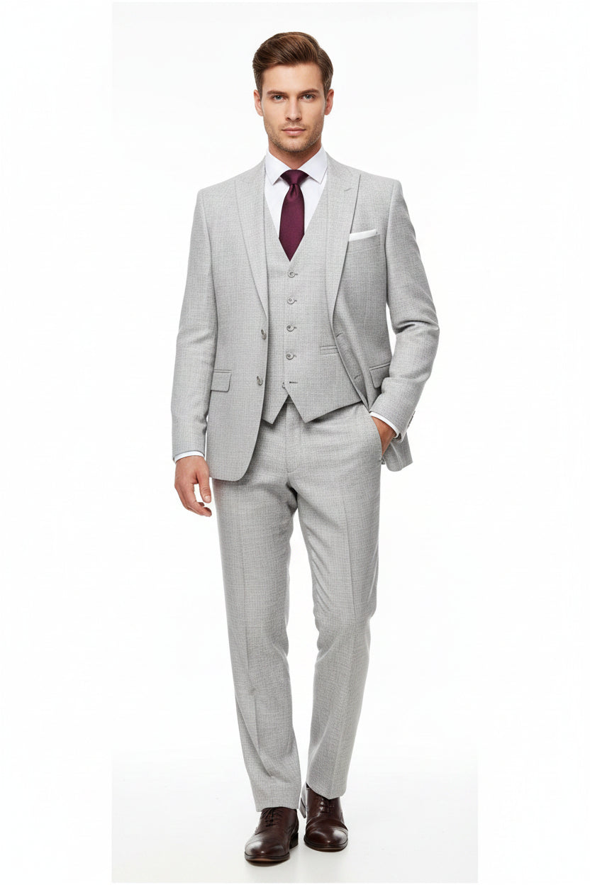 Silver linen suiting fabric from Arvind, unstitched trousers and fabric for suits, shown in a close-up image.