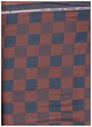 Unstitched Tresca cotton shirting fabric by Arvind with brown and blue check patterns, ideal for making custom shirts.