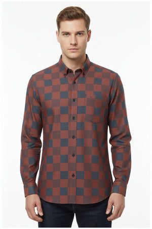 Unstitched Tresca cotton shirting fabric by Arvind with brown and blue checkered pattern, ideal for custom shirts.