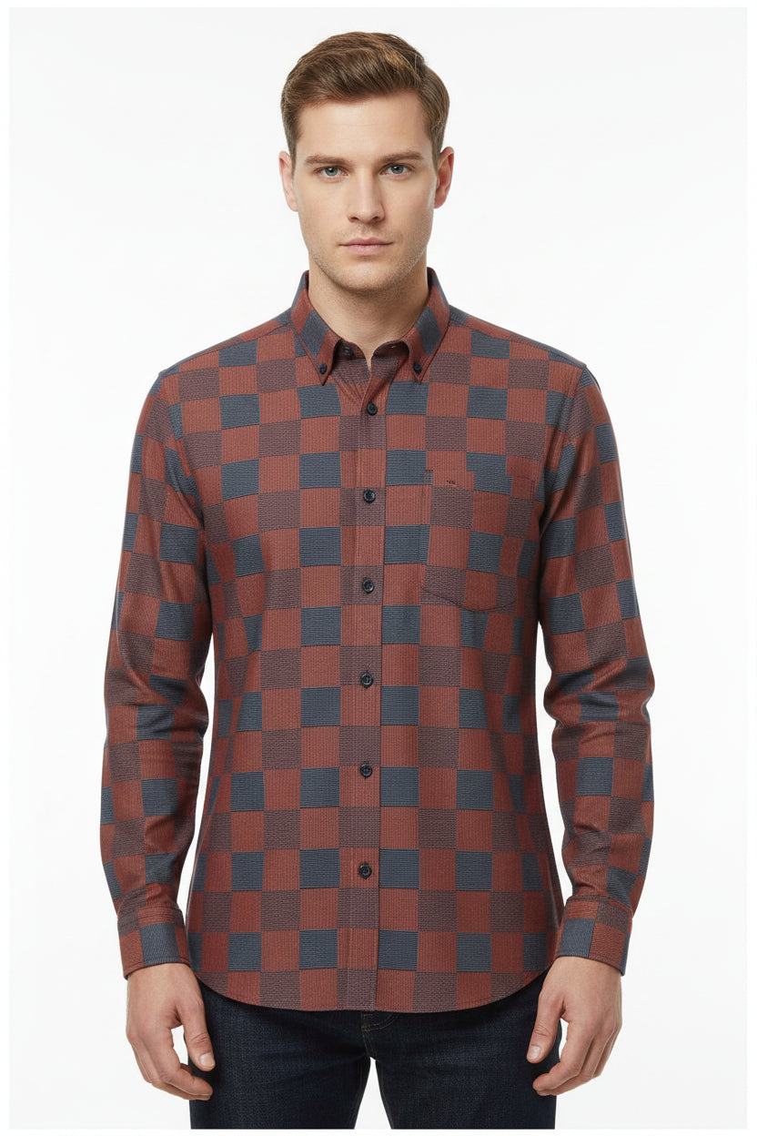 Unstitched Tresca cotton shirting fabric by Arvind with brown and blue checkered pattern, ideal for custom shirts.