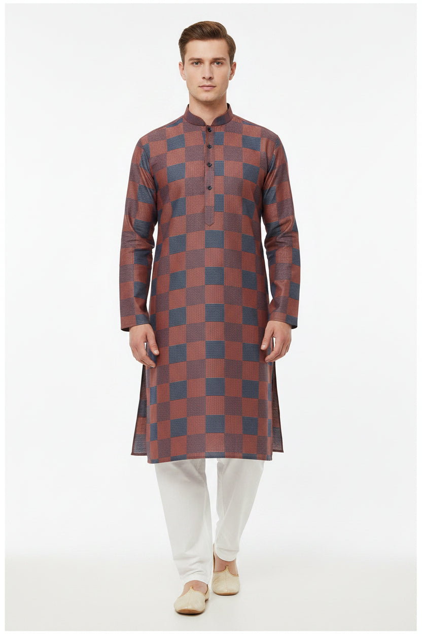 Unstitched Tresca cotton shirting fabric by Arvind with brown and blue checks, ideal for custom shirts and tailored garments.