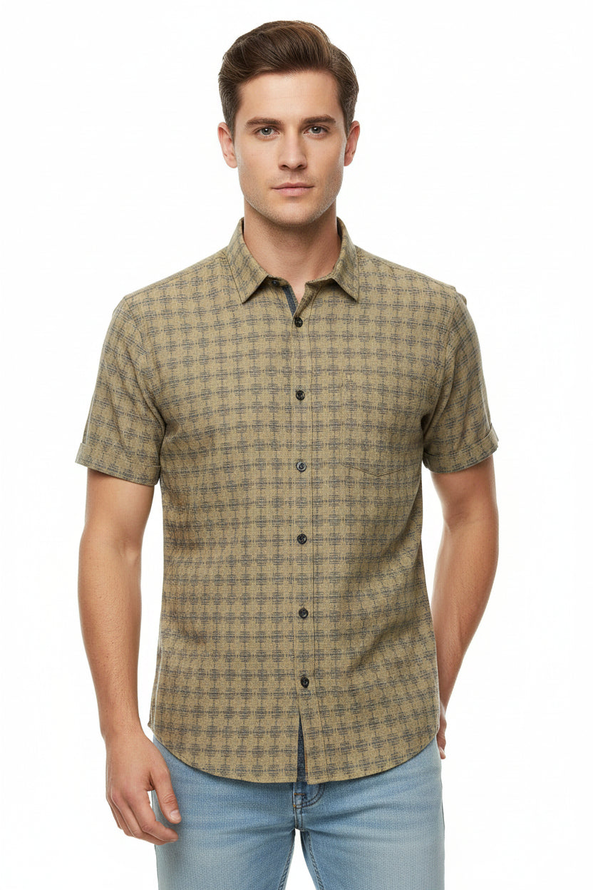 Unstitched Tresca cotton shirting fabric by Arvind in camouflage yellow, showcasing the fabric's soft texture and vibrant pattern.