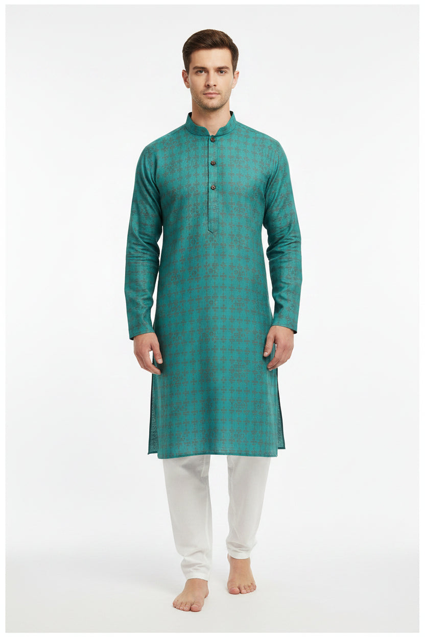 Teal green Tresca cotton shirting fabric by Arvind, unstitched luxury fabric for shirts, showcasing smooth, high-quality textile.