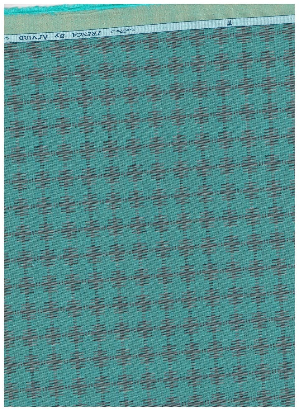 Teal green Tresca cotton shirting fabric by Arvind, displaying smooth unstitched fabric with a subtle weave pattern.