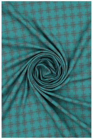 Teal green Tresca cotton shirting fabric by Arvind, unstitched luxury textile with detailed close-up of fabric texture.