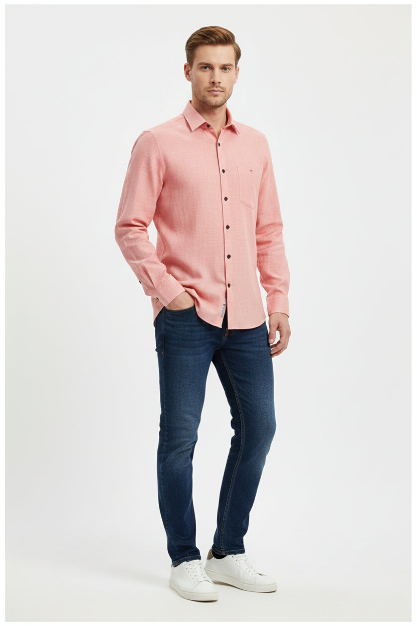 Light pink Arvind Giza cotton shirting fabric in Misty Rose color, featuring soft, smooth textile with a subtle textured pattern.