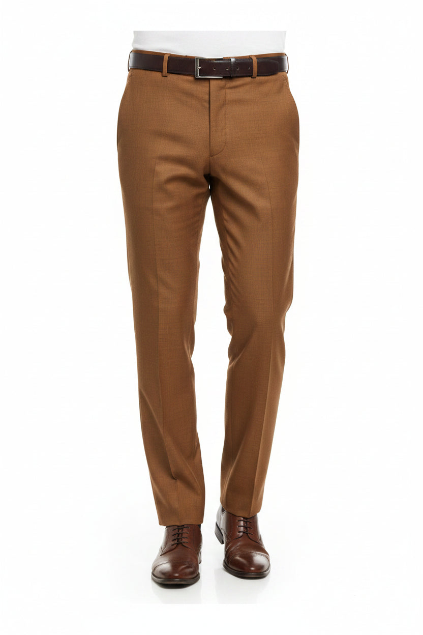 Raymond bronze polywool trousers and suiting fabric fabric swatch with textured woven pattern and fabric details.