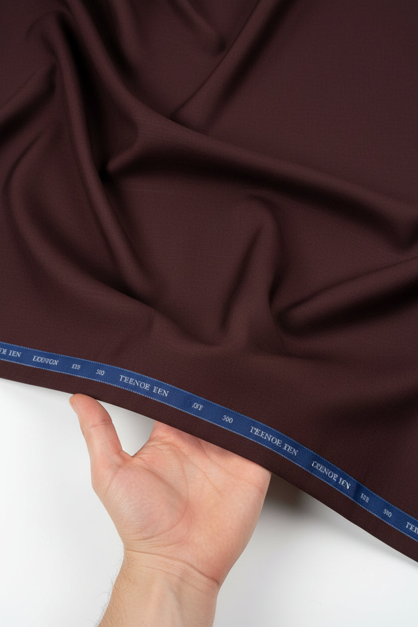 Brown Raymond Luxurious Unstitched Polywool trousers and suiting fabric, detailed woven textile for tailoring and suit-making.