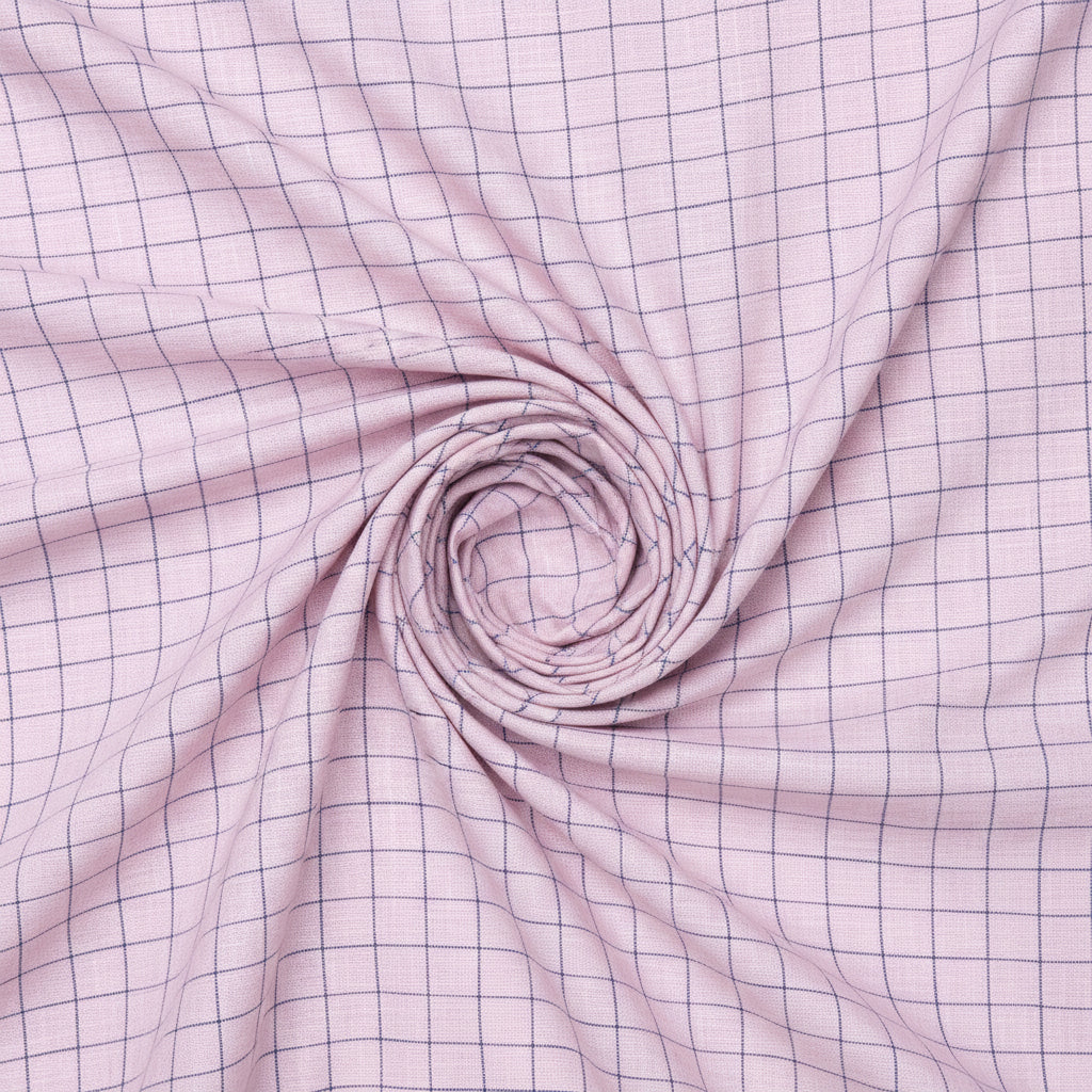 Blue check linen shirt fabric from Arvind Tresca, featuring pink background and lightweight, breathable linen texture.