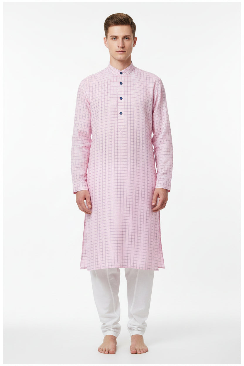 Blue check linen shirt fabric by ARVIND featuring pink background with a classic check pattern, ideal for stylish shirts