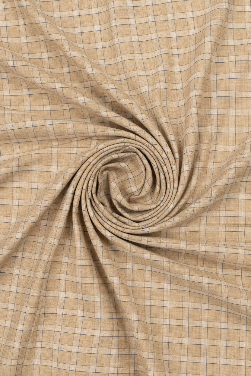 Unstitched Tresca cotton checks shirting fabric in tan by Arvind, showing the textured fabric pattern and lightweight material