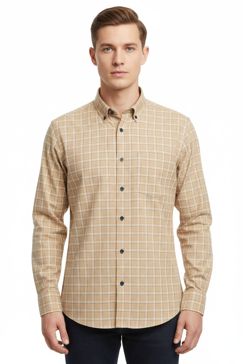 Tan Tresca cotton checks shirting fabric by Arvind, showing a close-up of the textured checked pattern and fabric weave.