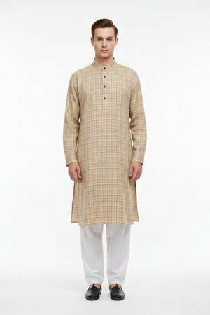 Tan Tresca cotton checks shirting fabric by Arvind, unstitched luxury cotton material with a classic check pattern.