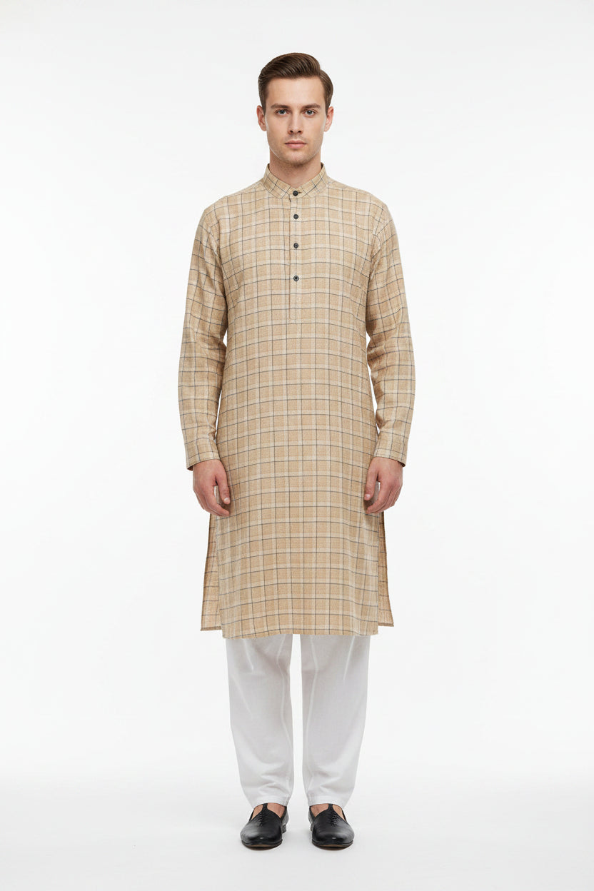 Tan Tresca cotton checks shirting fabric by Arvind, unstitched luxury cotton material with a classic check pattern.