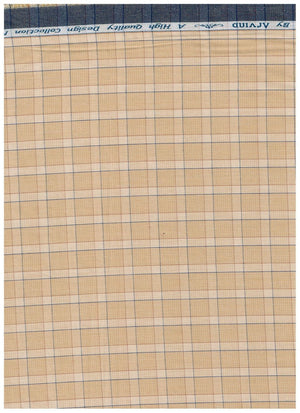 Tan Tresca cotton checks shirting fabric by Arvind with a close-up of the check pattern and soft fabric texture.
