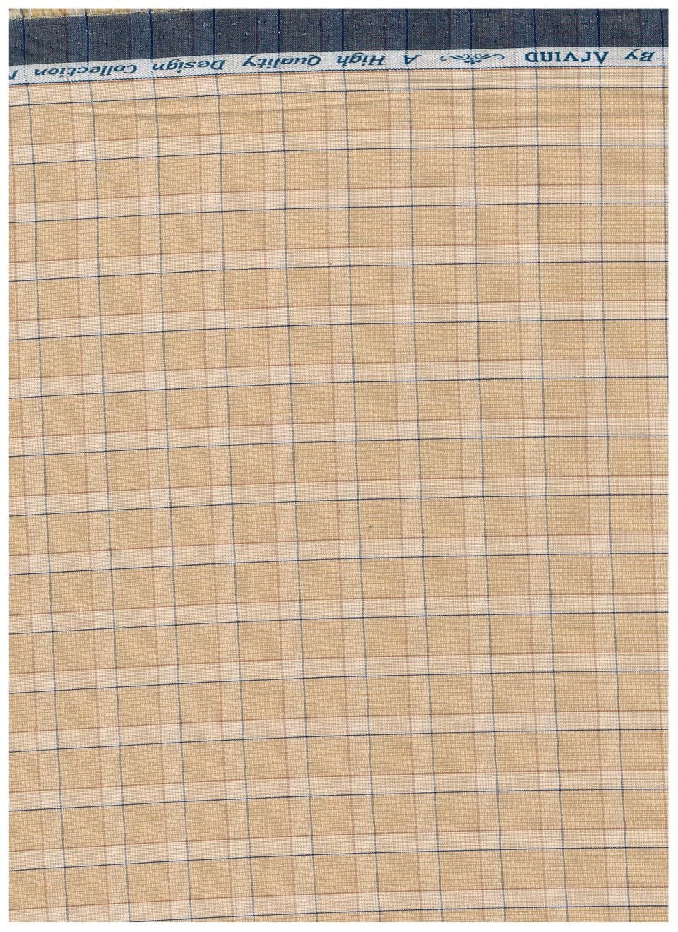 Tan Tresca cotton checks shirting fabric by Arvind with a close-up of the check pattern and soft fabric texture.