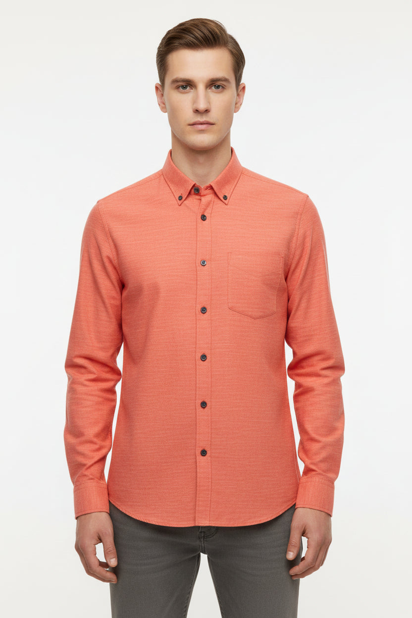 Orange Arvind Tresca cotton unstitched shirting fabric with a smooth texture and subtle pattern, suitable for custom shirts.