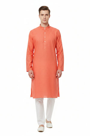 Orange Arvind Tresca cotton unstitched shirting fabric showing a close-up of the textured textile and vibrant color.