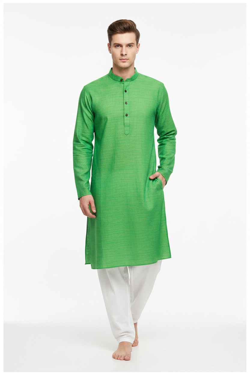 Green Arvind Tresca cotton unstitched shirting fabric with a subtle textured pattern, ideal for custom shirts.