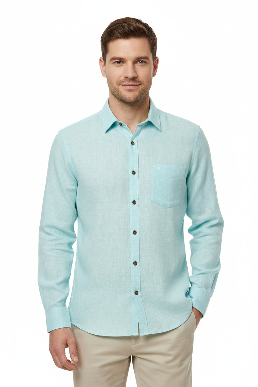 Blue Arvind Tresca cotton unstitched shirting fabric spread out, showcasing its smooth texture and vibrant color.