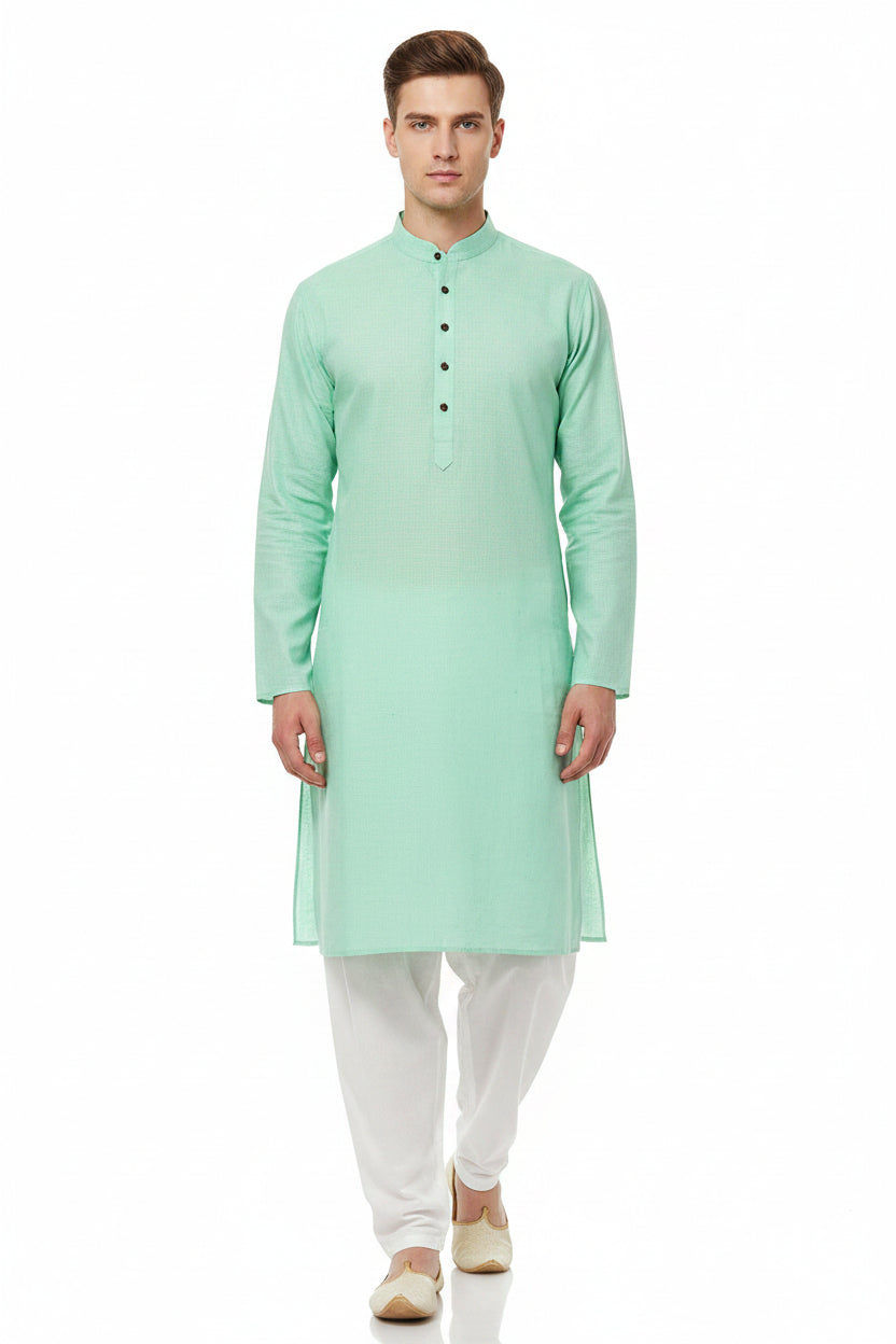 Mint green Arvind cotton shirting fabric with a smooth texture, featuring a lightweight, breathable material suitable for shirts.